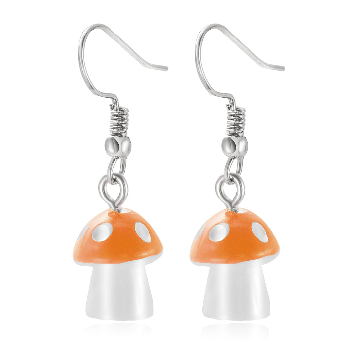 Orange Resin and Silver-Plated Dot Mushroom Drop Earrings, silver drop earrings for women, everyday style, detail close-up