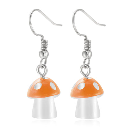 Orange Resin and Silver-Plated Dot Mushroom Drop Earrings, silver drop earrings for women, everyday style, detail close-up