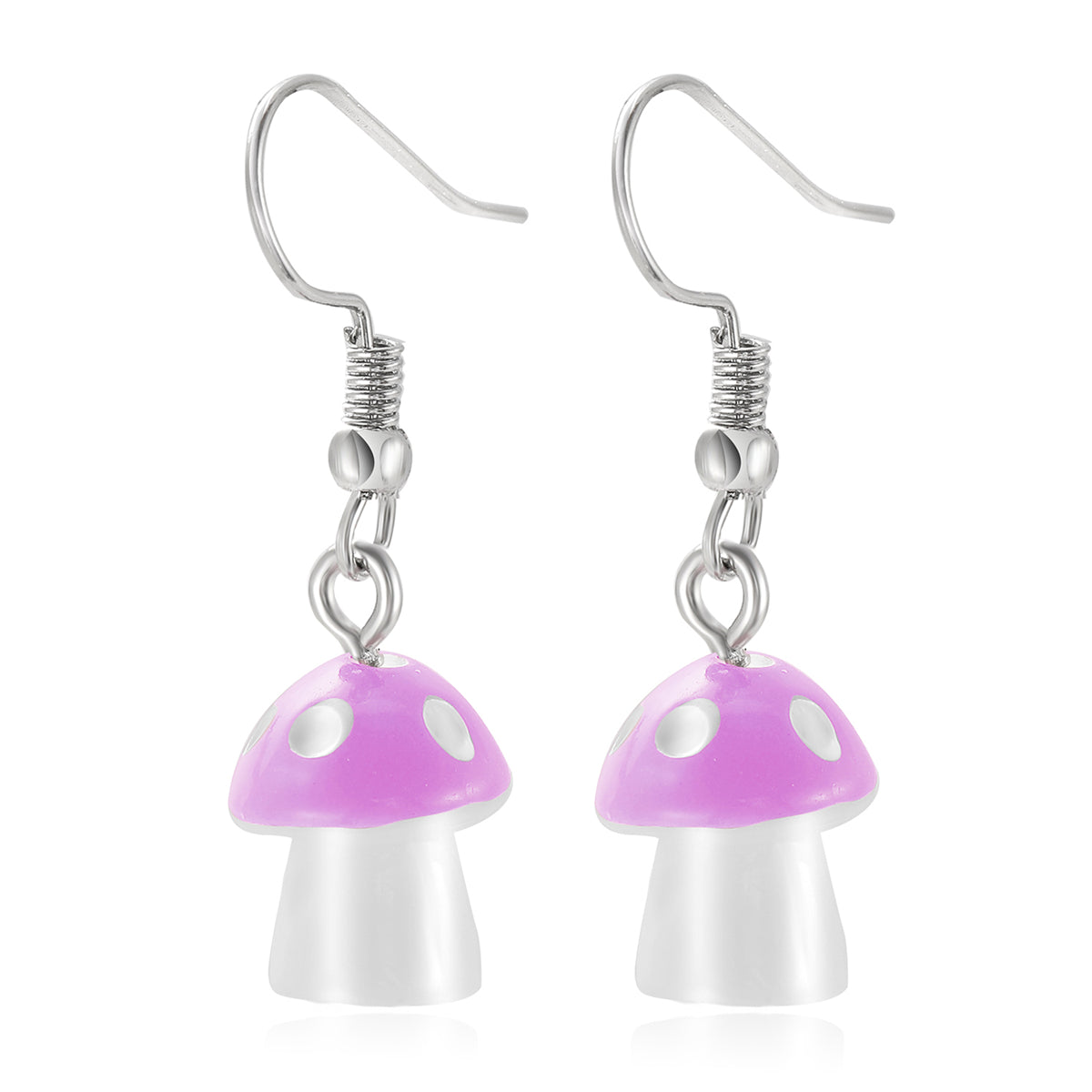 Purple Resin and Silver-Plated Dot Mushroom Drop Earrings, silver drop earrings for women, everyday style, detail close-up