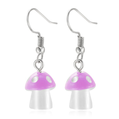 Purple Resin and Silver-Plated Dot Mushroom Drop Earrings, silver drop earrings for women, everyday style, detail close-up