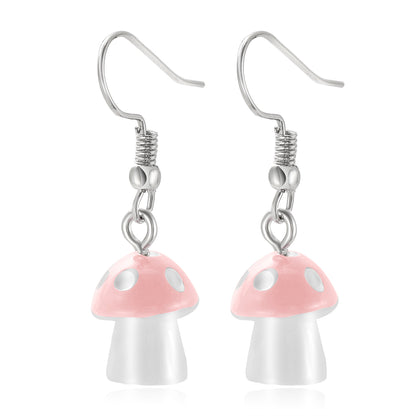 Pink Resin and Silver-Plated Dot Mushroom Drop Earrings, silver drop earrings for women, detail close-up