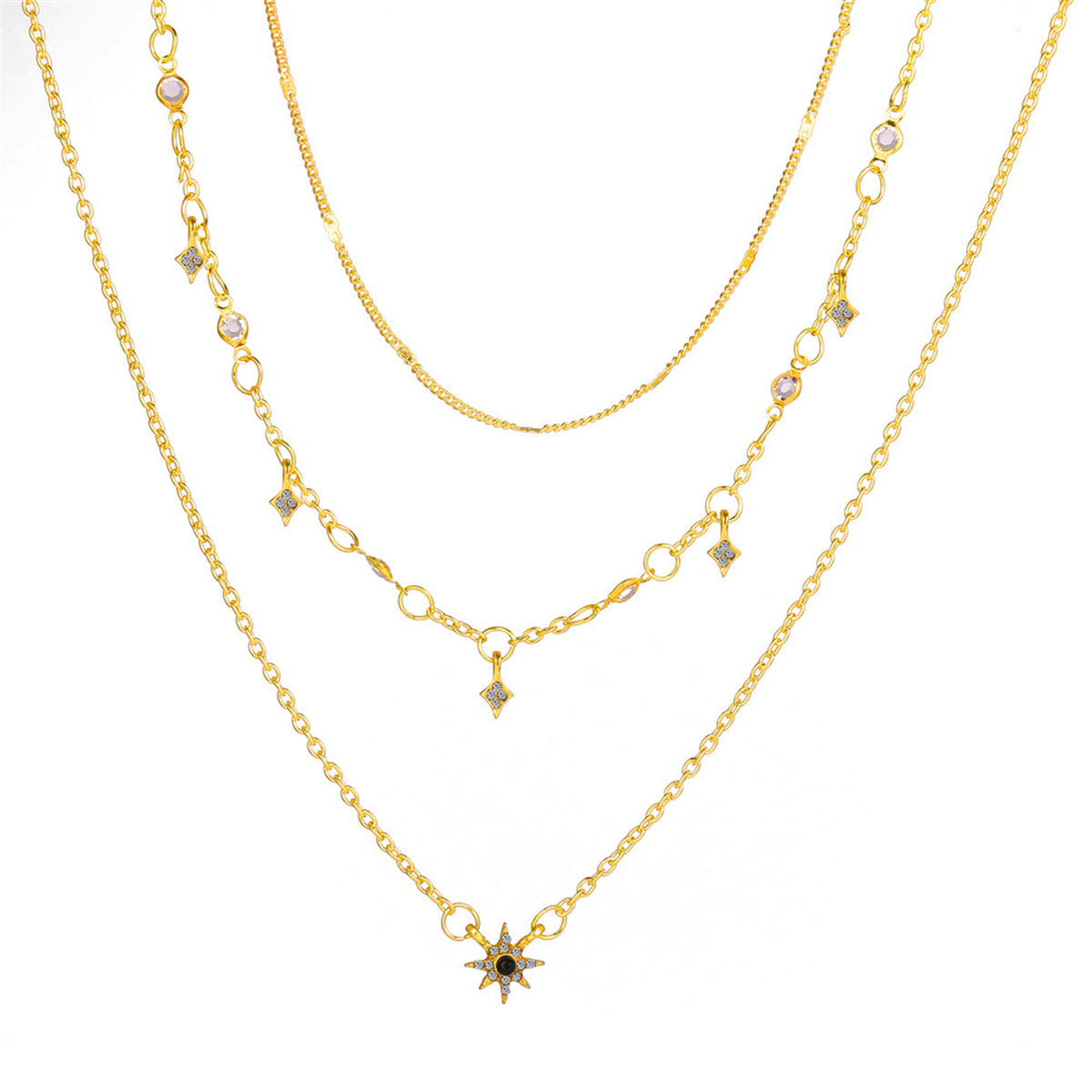 Cubic Zirconia & 18K Gold-Plated Star Layered Pendant Necklace