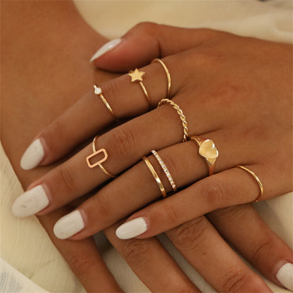 Cubic Zirconia and 18K Gold-Plated Heart Star Band Ring Set, jewelry gift sets for women, botanical inspired, front view
