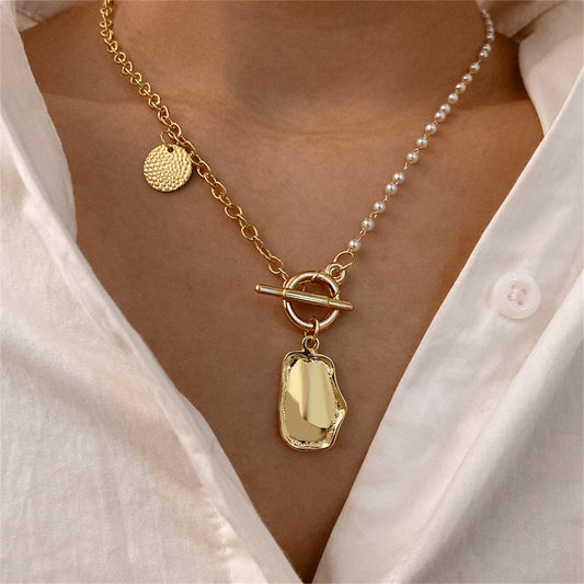 Pearl and 18K Gold-Plated Convex Toggle Pendant Necklace, gold pendant necklace for women, botanical inspired, front view