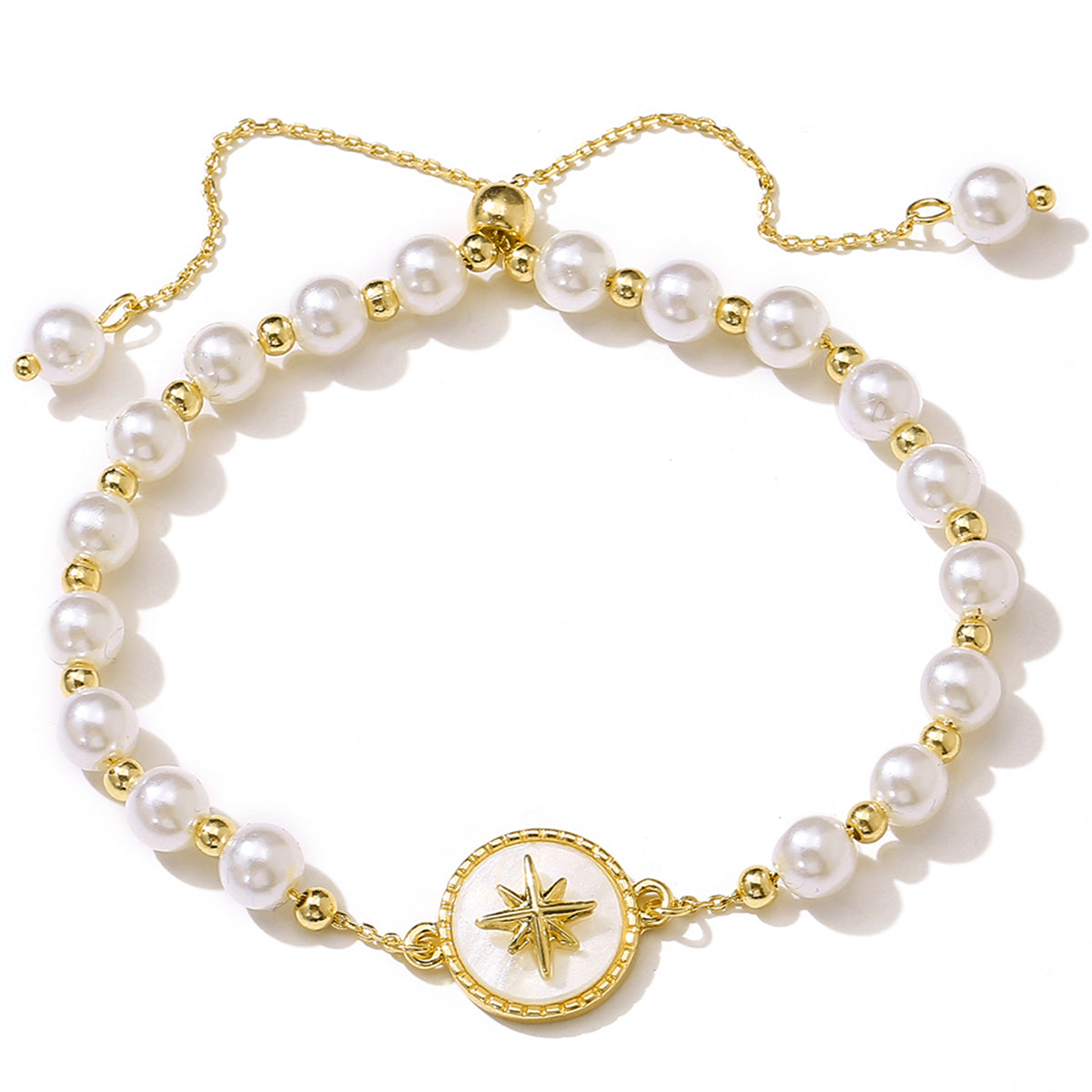 Pearl and Shell 18K Gold-Plated Star Charm Adjustable Bracelet, gold bracelet for women, elegant gift for her, front view
