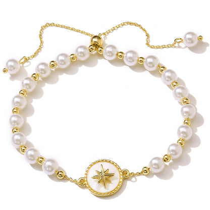 Pearl and Shell 18K Gold-Plated Star Charm Adjustable Bracelet, gold bracelet for women, elegant gift for her, front view