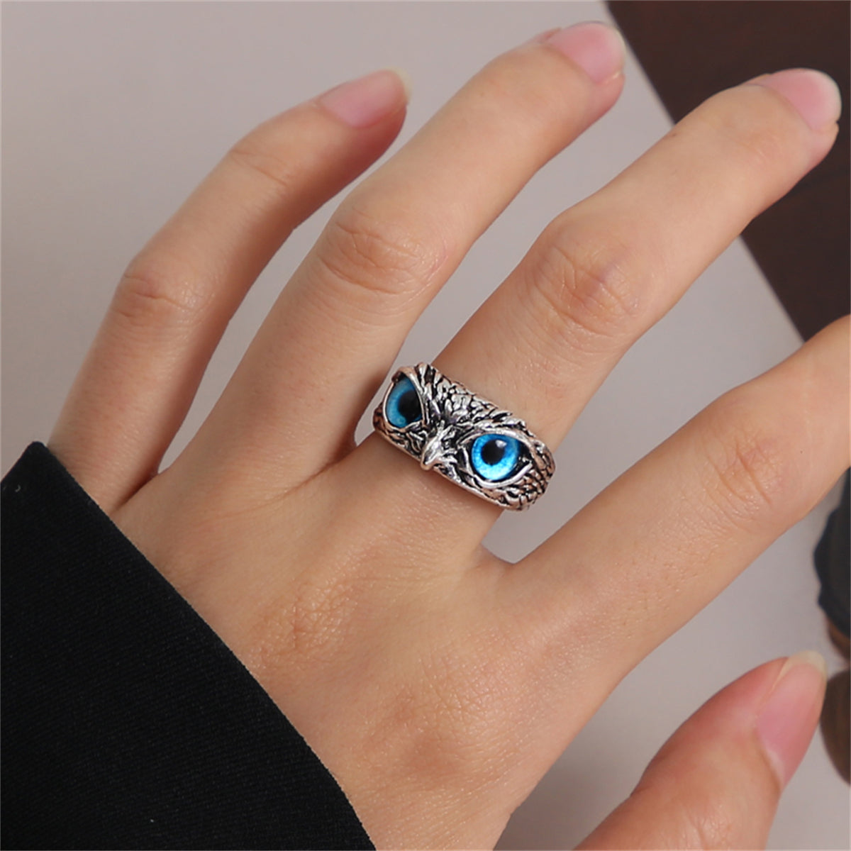 Blue Enamel and Silver-Plated Engraved Owl Adjustable Ring, silver statement rings for women, everyday style, front view