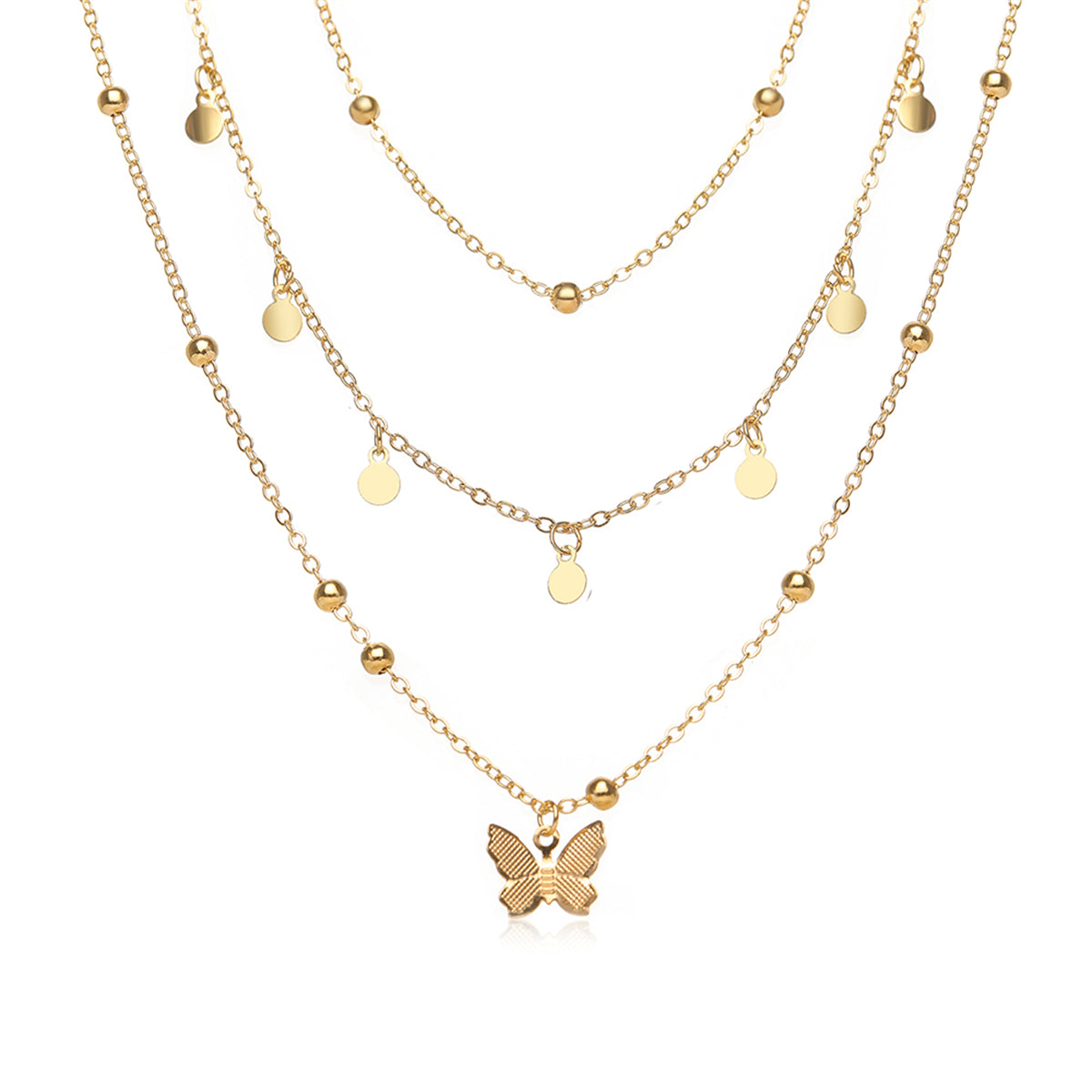 18K gold-plated butterfly necklace adorned with three layers of radiant gold beads, perfect for any occasion.