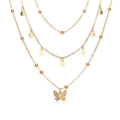 18K Gold-Plated Butterfly Layered Station Necklace, gold pendant necklace for women, botanical inspired, side view