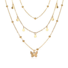 18K gold-plated butterfly necklace adorned with three layers of radiant gold beads, perfect for any occasion.