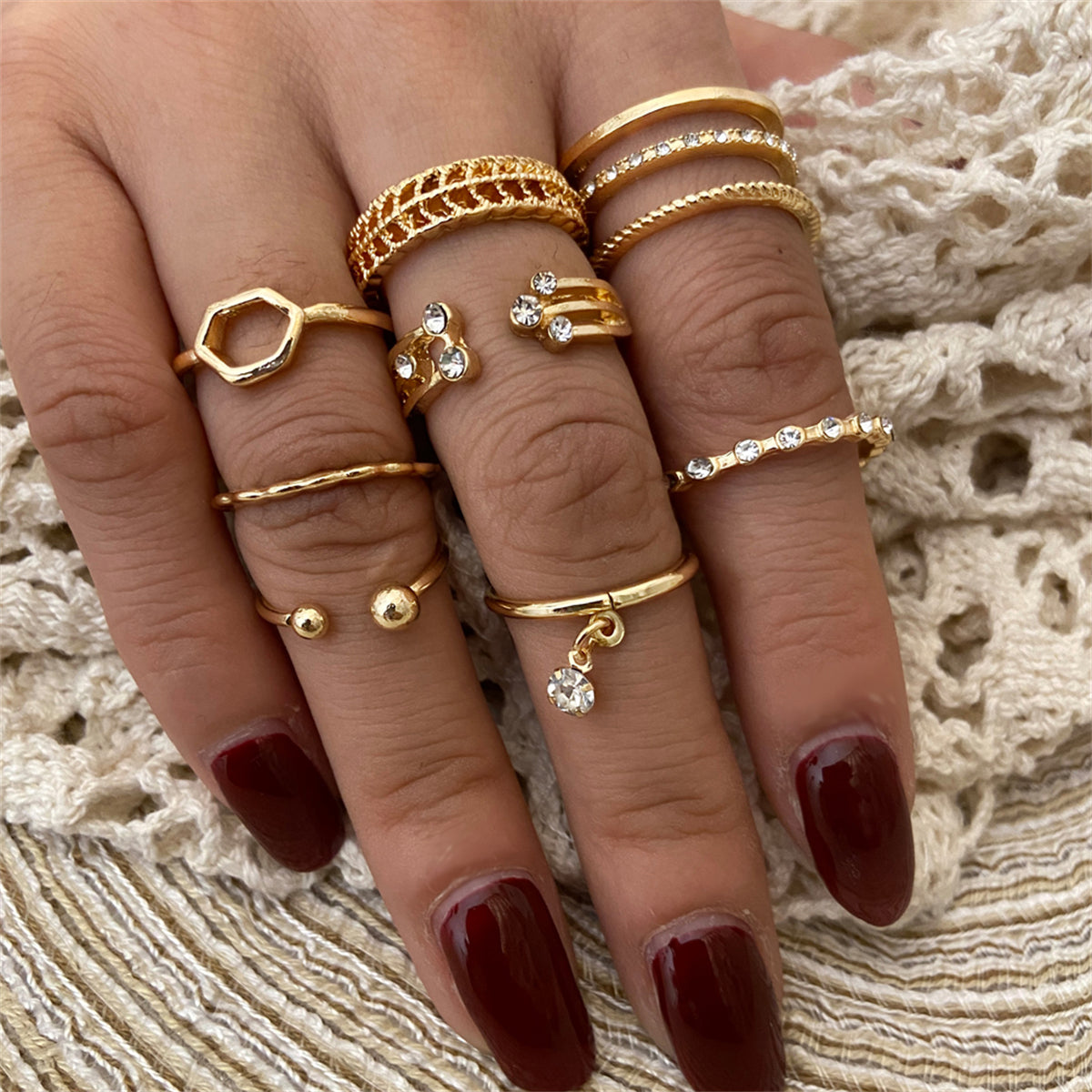 Cubic Zirconia and 18K Gold-Plated Openwork Bypass Ring Set, jewelry gift sets for women, front view