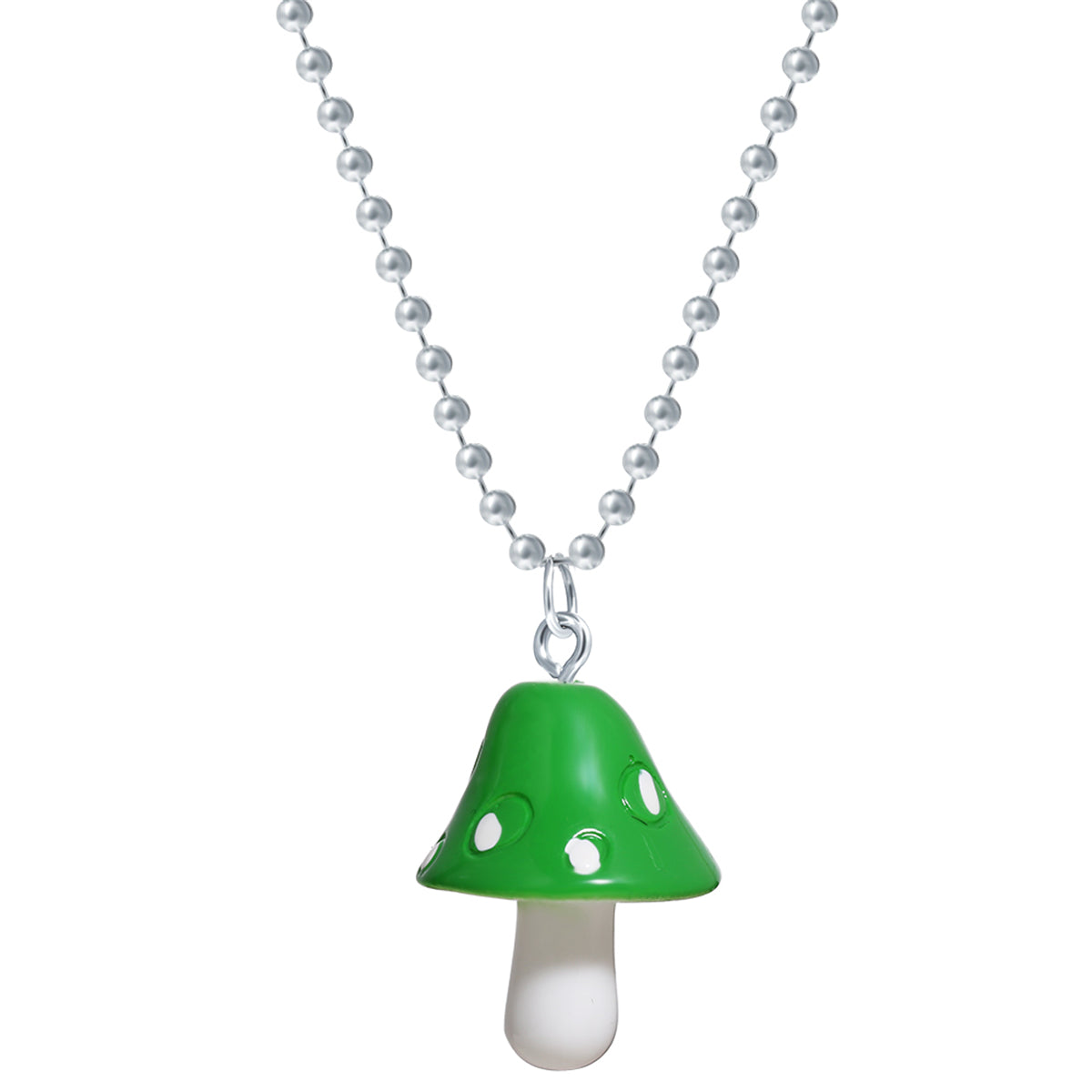 Green Resin and Silver-Plated Ball Chain Mushroom Pendant Necklace, silver pendant necklace for women, side view