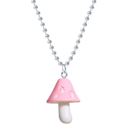 Pink Resin and Silver-Plated Ball Chain Mushroom Pendant Necklace, silver pendant necklace for women, side view