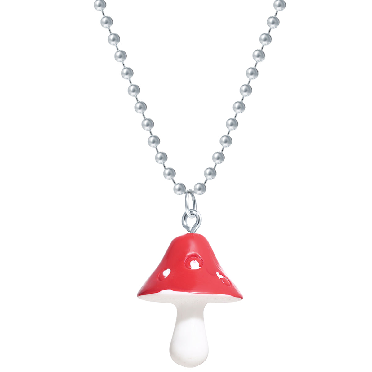 Red Resin and Silver-Plated Ball Chain Mushroom Pendant Necklace, silver pendant necklace for women, side view
