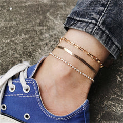 Cubic Zirconia & 18K Gold-Plated Chain Trio Anklet Set