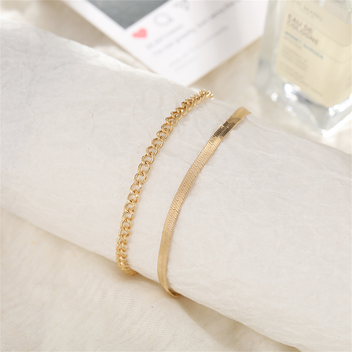 18K Gold-Plated Herringbone Chain Anklet and Curb Chain Anklet, jewelry gift sets for women, front view