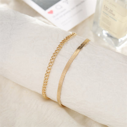 18K Gold-Plated Herringbone Chain Anklet and Curb Chain Anklet, jewelry gift sets for women, front view