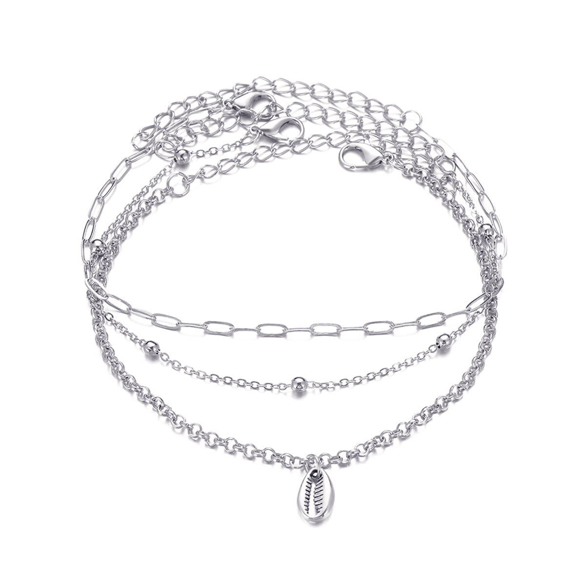Silver-Plated Shell Charm Anklet Set, jewelry gift sets for women, vintage-inspired design, side view