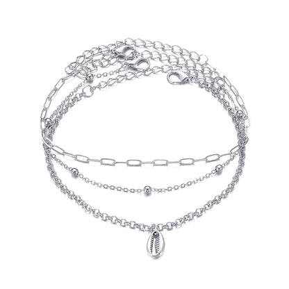 Silver-Plated Shell Charm Anklet Set, jewelry gift sets for women, vintage-inspired design, side view