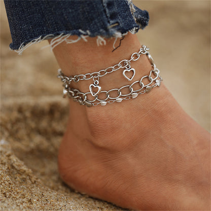 Silver-Plated Openwork Heart Station Charm Anklet Set, jewelry gift sets for women, everyday style, front view