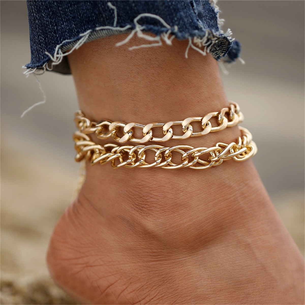 18K Gold-Plated Thick Curb Chain Anklet and Thin Curb Chain Anklet, jewelry gift sets for women, front view