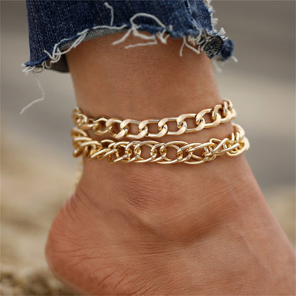 18K Gold-Plated Thick Curb Chain Anklet and Thin Curb Chain Anklet, jewelry gift sets for women, front view