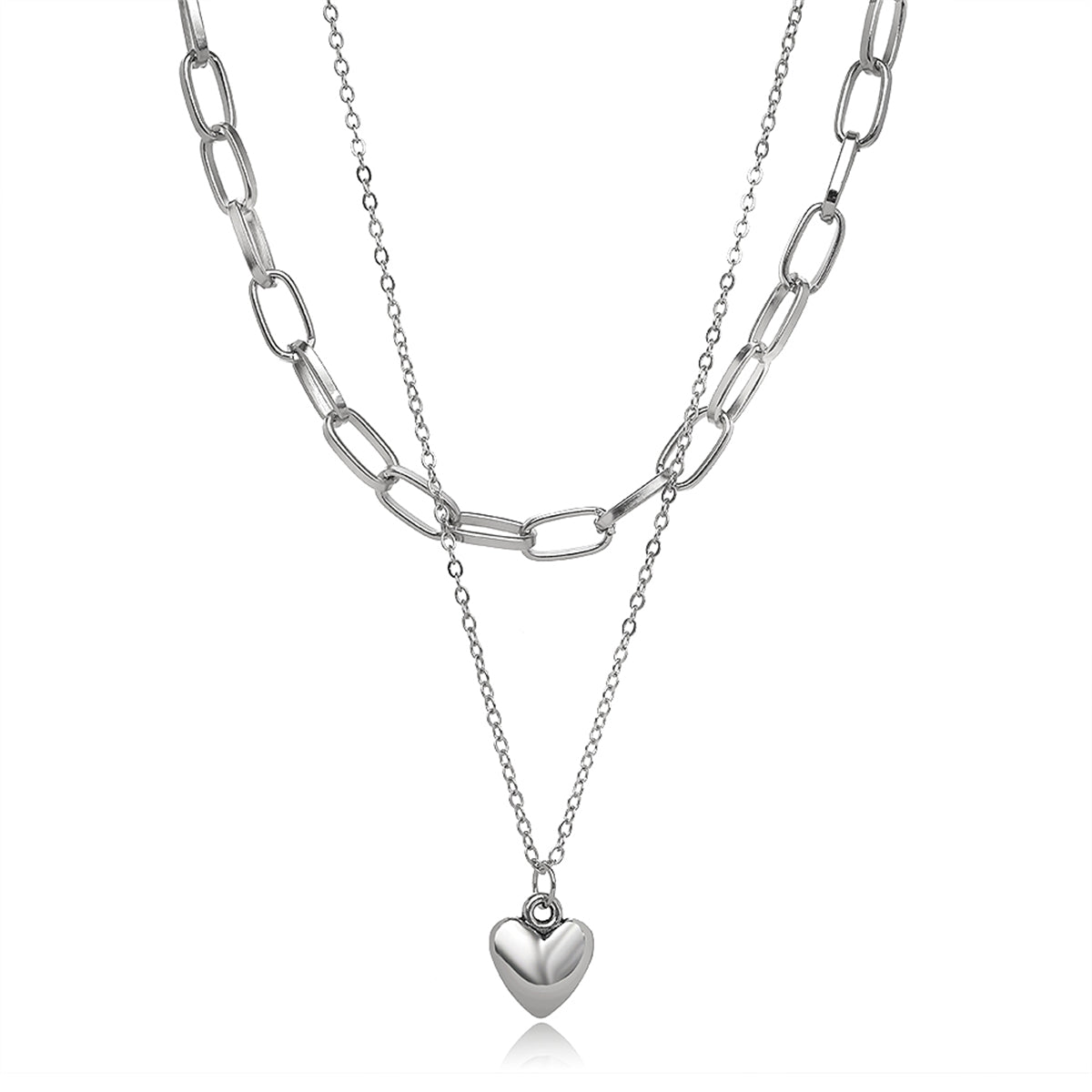 Silver-Plated Heart Layered Necklace, silver pendant necklace for women, everyday style, front view