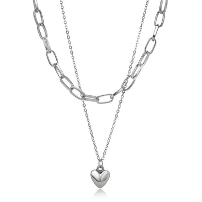Silver-Plated Heart Layered Necklace, silver pendant necklace for women, everyday style, front view