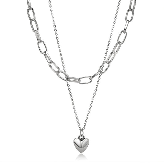 Silver-Plated Heart Layered Necklace, silver pendant necklace for women, everyday style, front view