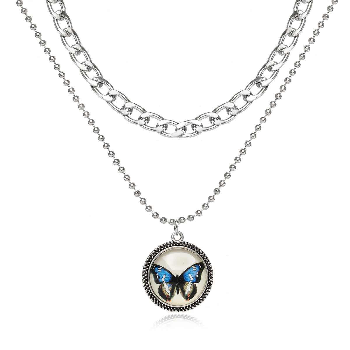 Blue Resin and Silver-Plated Butterfly Round Layered Pendant Necklace, jewelry gift sets for women, front view