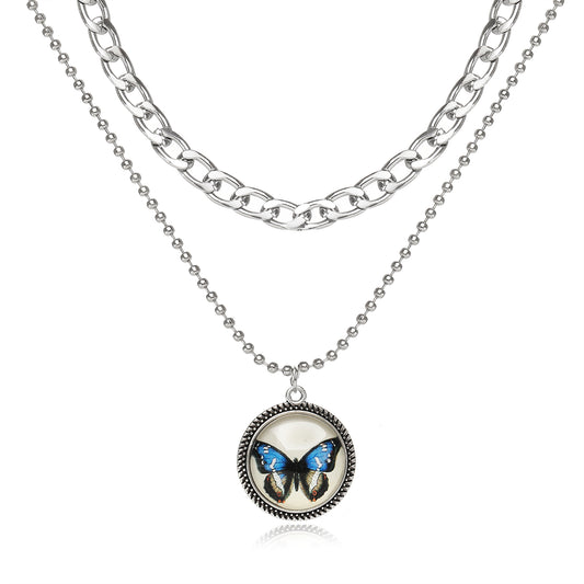 Blue Resin and Silver-Plated Butterfly Round Layered Pendant Necklace, jewelry gift sets for women, front view
