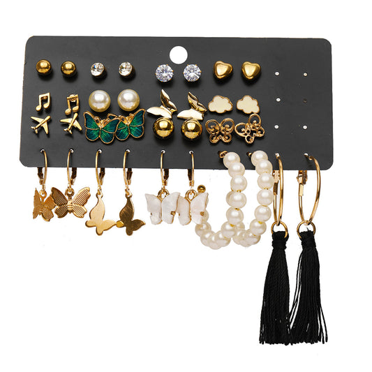 Cubic Zirconia and Pearl 18K Gold-Plated Butterfly Earring Set, gold stud earrings for women, botanical inspired, front view