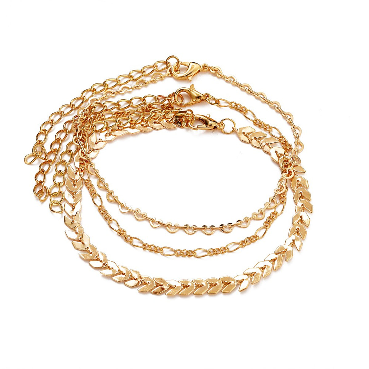 18K Gold-Plated Linked Open Heart Wheat Anklet Set
