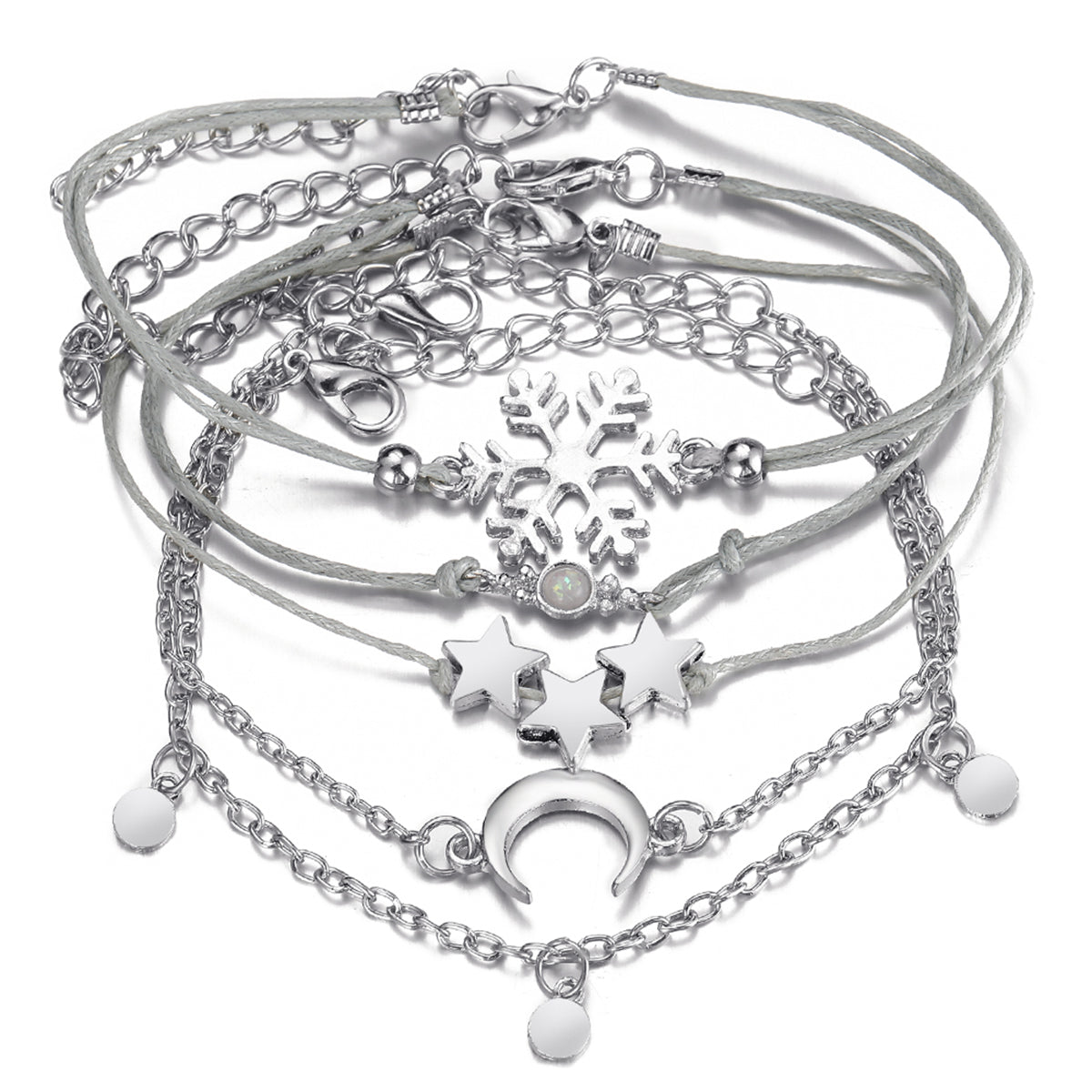 Silver-Plated & Gray Snowflake & Celestial Bracelet Set