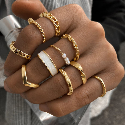 Pearl and Enamel 18K Gold-Plated Twine Chain Ring Set, jewelry gift sets for women, botanical inspired, front view