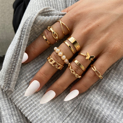 Pearl and 18K Gold-Plated Butterfly Link Band Ring Set, gold statement rings for women, everyday style, front view