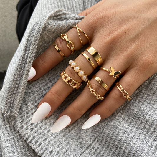 Pearl and 18K Gold-Plated Butterfly Link Band Ring Set, gold statement rings for women, everyday style, front view