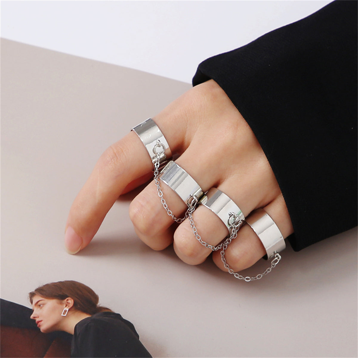 Silver-Plated Linked Open Four-Finger Band, jewelry gift sets for women, dainty minimalist design, front view