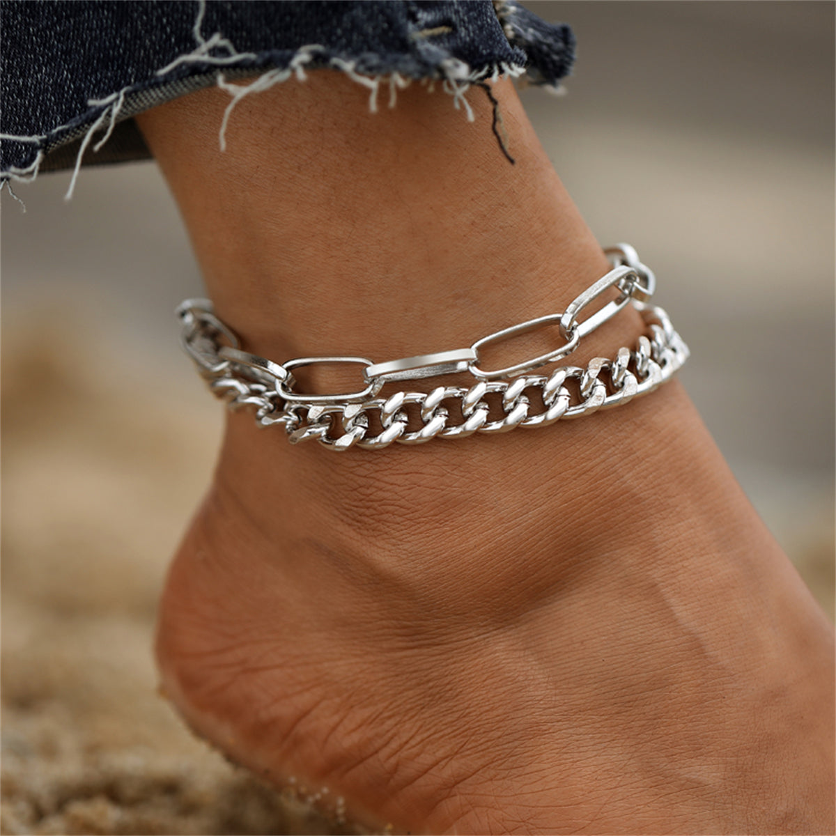Silver-Plated Cable Chain Anklet and Curb Chain Anklet, jewelry gift sets for women, elegant gift for her, front view