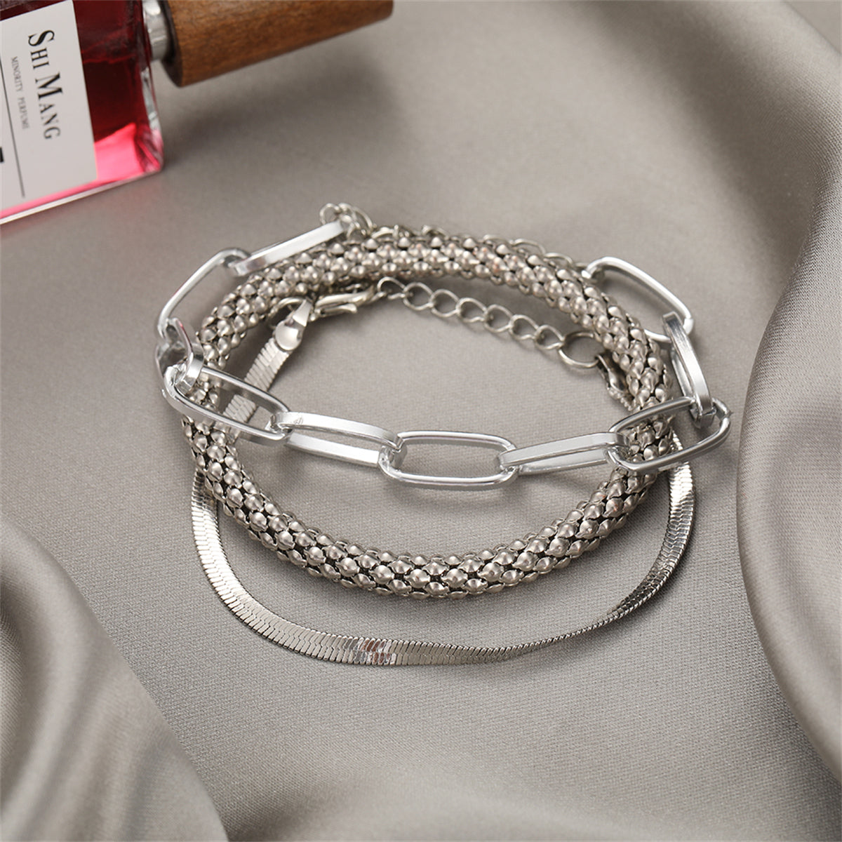 Silver-Plated Snake Chain Bracelet Set, jewelry gift sets for women, everyday style, front view