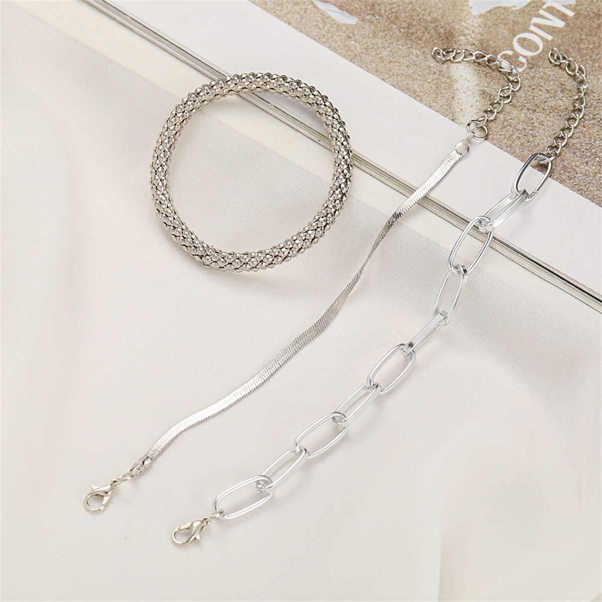 Silver-Plated Snake Chain Bracelet Set, jewelry gift sets for women, everyday style, detail close-up