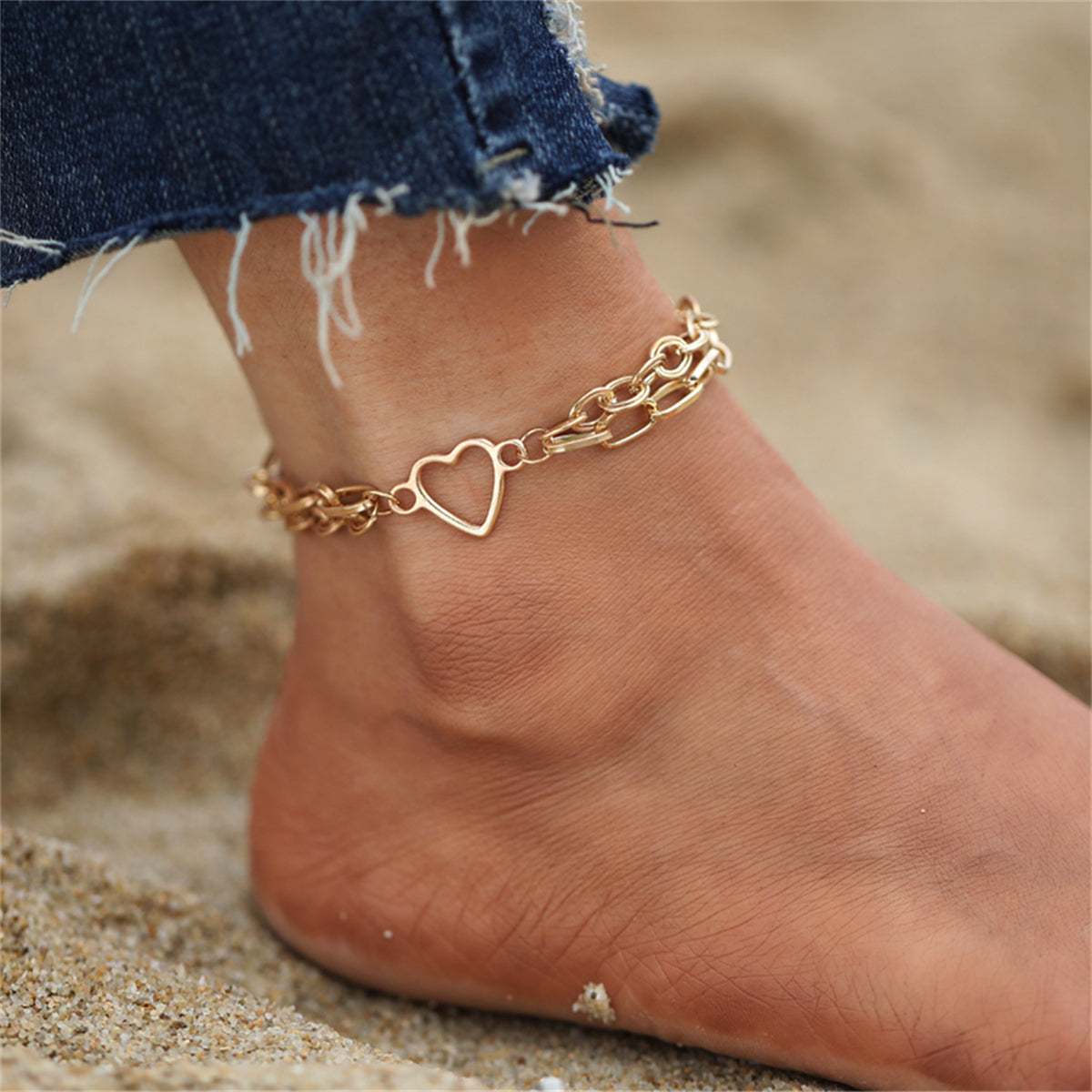 18K Gold-Plated Layered Cable Chain Openwork Heart Anklet, gold anklet bracelet, botanical inspired, front view