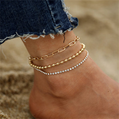 Cubic Zirconia and 18K Gold-Plated Layered Ball Chain Anklet, gold anklet bracelet, botanical inspired, front view