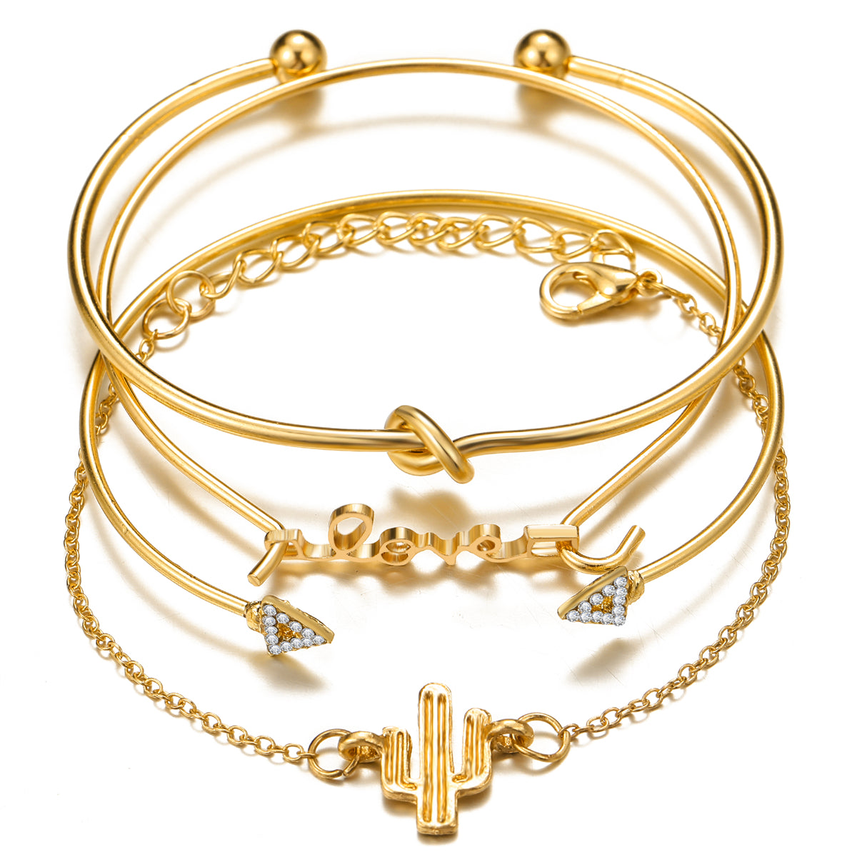 Cubic Zirconia and 18K Gold-Plated 'LOVE' Cactus Charm Cuff Bracelet Set, jewelry gift sets for women, front view