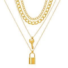 18K Gold-Plated Key Lock Layered Chain Pendant Necklace
