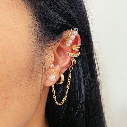 Cubic Zirconia and Pearl 18K Gold-Plated Ear Cuff Set, gold stud earrings for women, elegant gift for her, front view