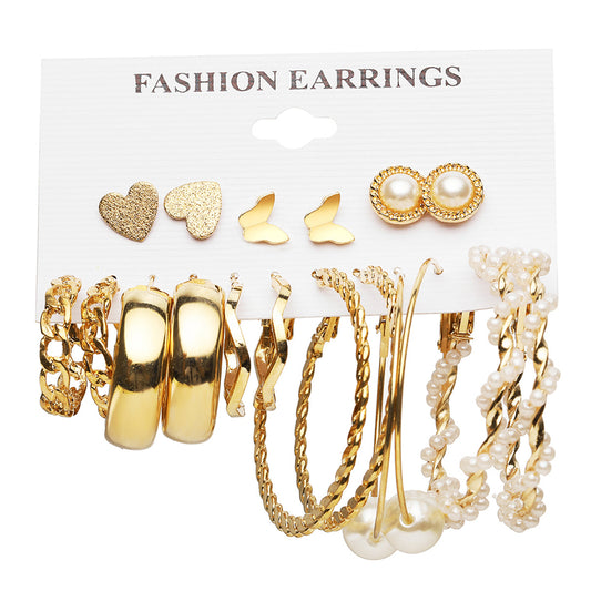 Pearl and 18K Gold-Plated Decorative Hoop Earring Set, gold stud earrings for women, dainty minimalist design, front view