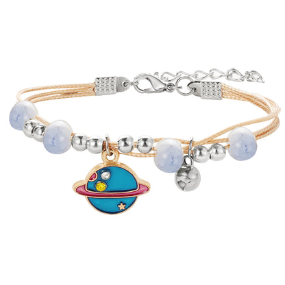 Cubic Zirconia and Blue Enamel Two-Tone Planet Layered Charm Bracelet, bracelet for women, everyday style, front view