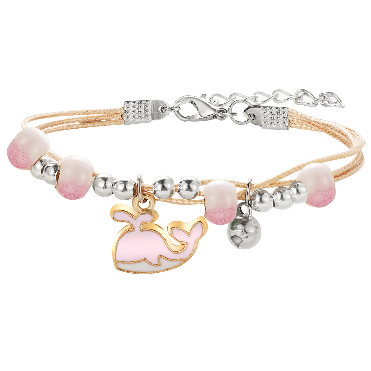 Pink Enamel and Two-Tone Whale Layered Charm Bracelet, bracelet for women, elegant gift for her, front view