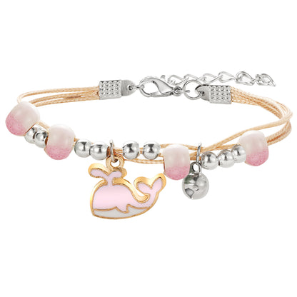 Pink Enamel and Two-Tone Whale Layered Charm Bracelet, bracelet for women, elegant gift for her, front view